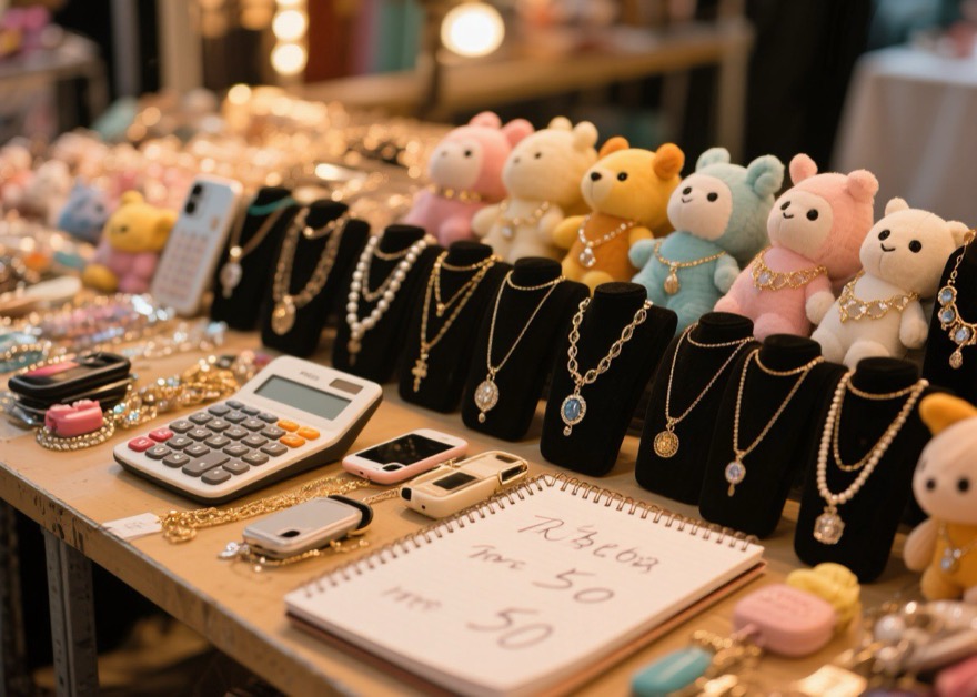 Wholesale samples and prices on a Yiwu booth table