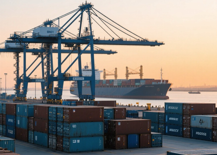Containers and cranes at a Chinese export port at golden hour